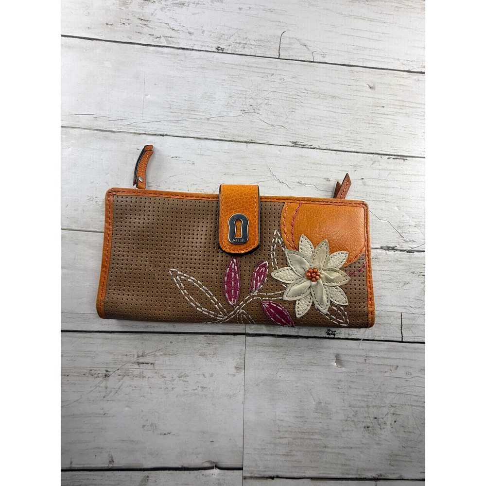 Fossil Key-Per Brown Perforated Leather Floral Applique Trifold Clutch Wallet